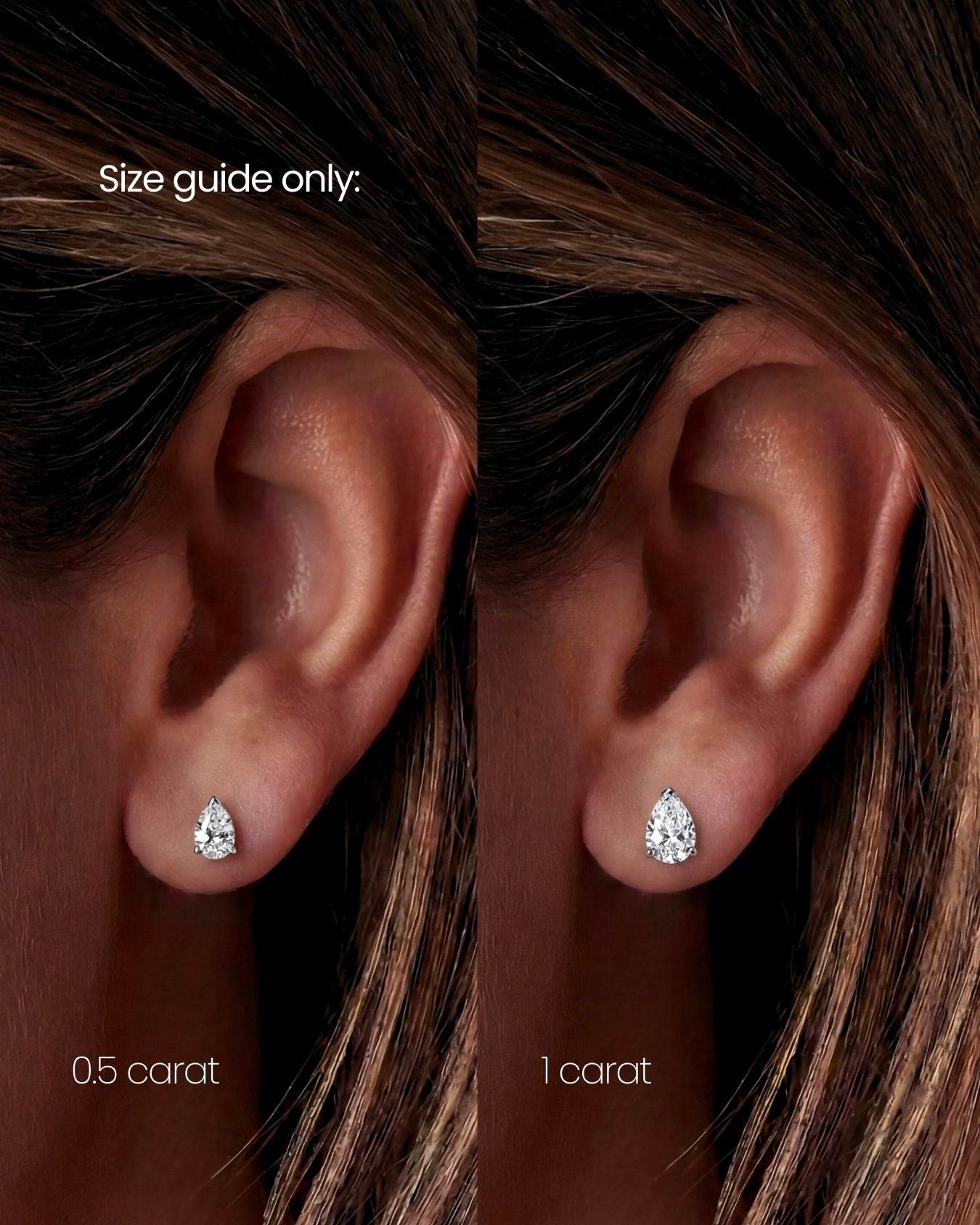 Two earrings shown on ears with size labels '0.5 carat' and '1 carat'.